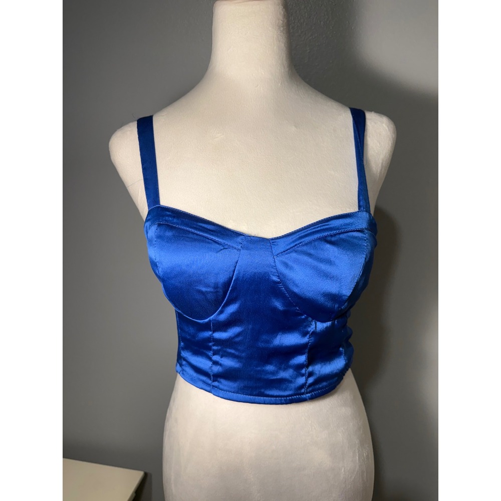 B.O.G Collective Royal Blue Satin Corset Bustier Crop  Smocked Back Medium NEW